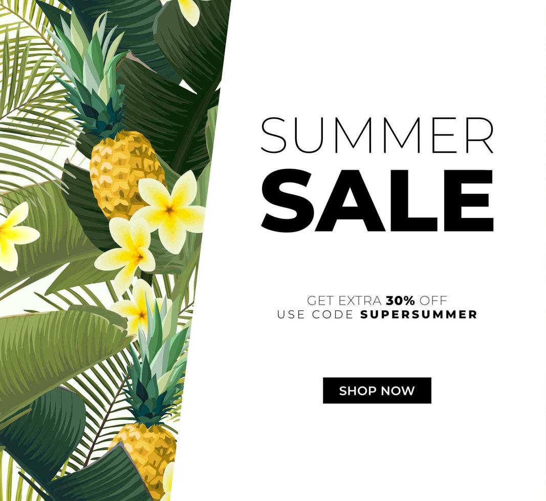 Vector summer design with exotic banana palm leaves, Frangipani flowers, pineapples and space for text. Sale offer template, banner of flyer background. Tropical backdrop illustration.