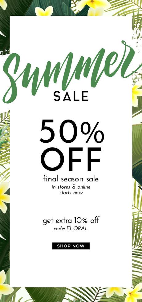 Vector summer design with exotic banana palm leaves, Frangipani flowers, pineapples and space for text. Sale offer template, banner of flyer background. Tropical backdrop illustration.
