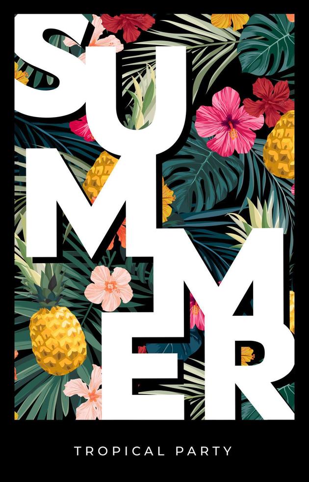 Vector summer design with exotic palm leaves, hibiscus flowers, pineapples and space for text. Sale offer template, banner of flyer background. Tropical backdrop illustration.