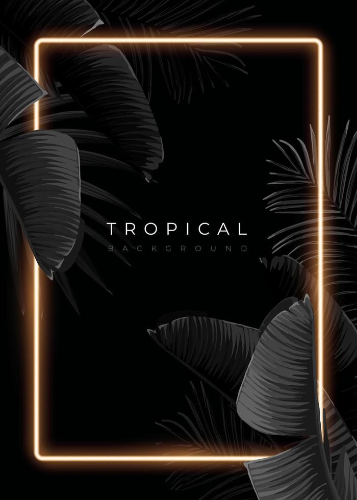 diseño tropical monocromático oscuro con hojas de plátano exóticas, marcos de neón suaves y espacio para texto. plantilla vectorial de verano para afiches, pancartas, tarjetas o volantes. vector