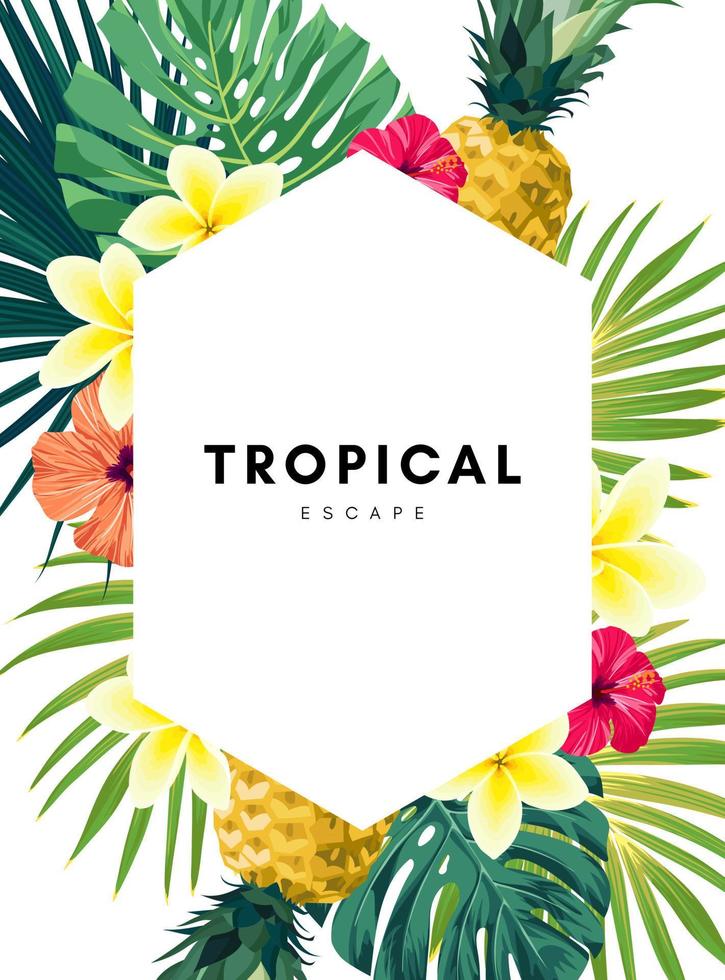 fondo de verano tropical con hojas de palma, flores y piñas. vector