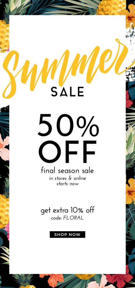 Dark vector summer design with exotic palm leaves, hibiscus flowers, pineapples and space for text. Sale offer template, banner of flyer background. Tropical backdrop illustration.