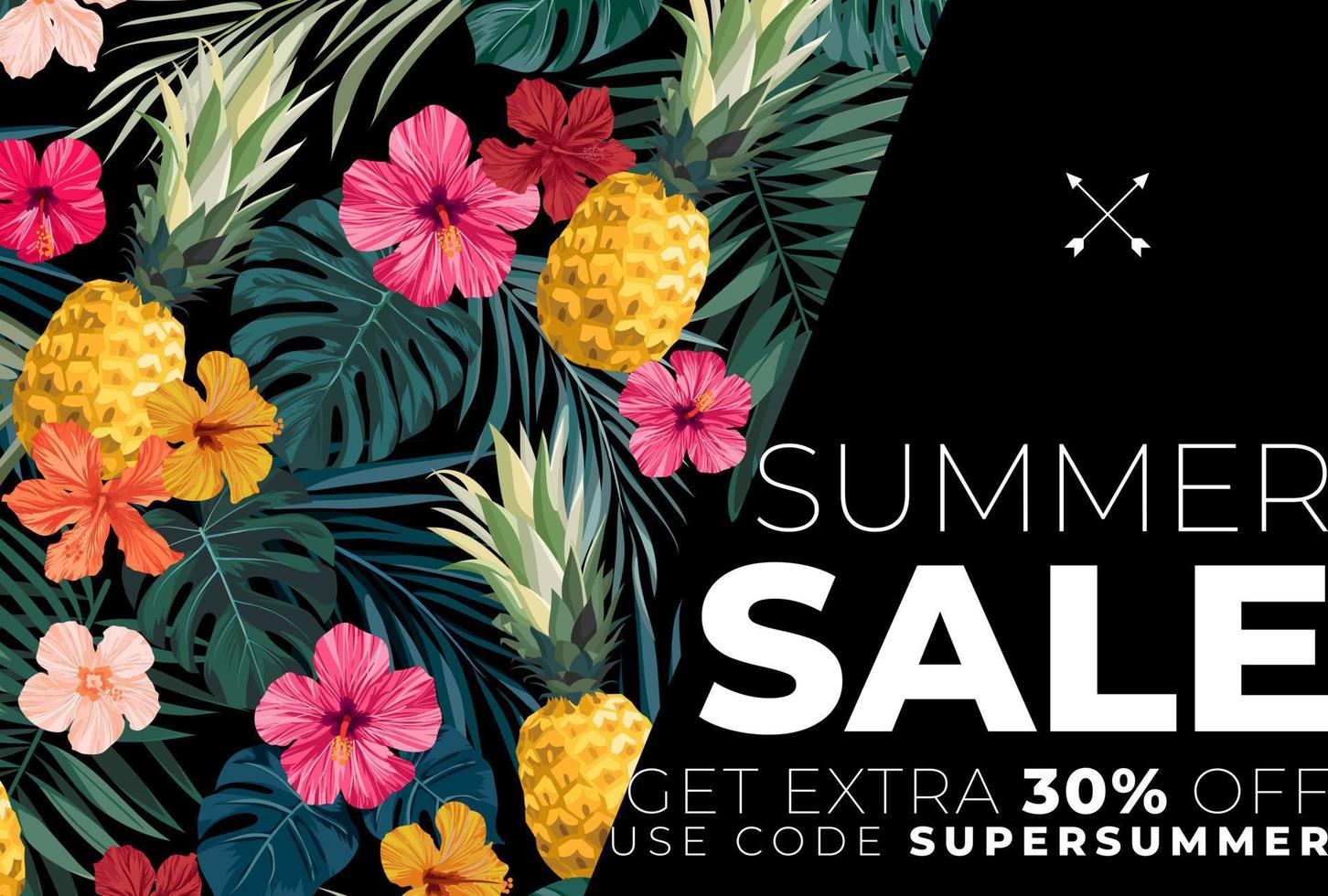 Vector summer design with exotic palm leaves, hibiscus flowers, pineapples and space for text. Sale offer template, banner of flyer background. Tropical backdrop illustration.