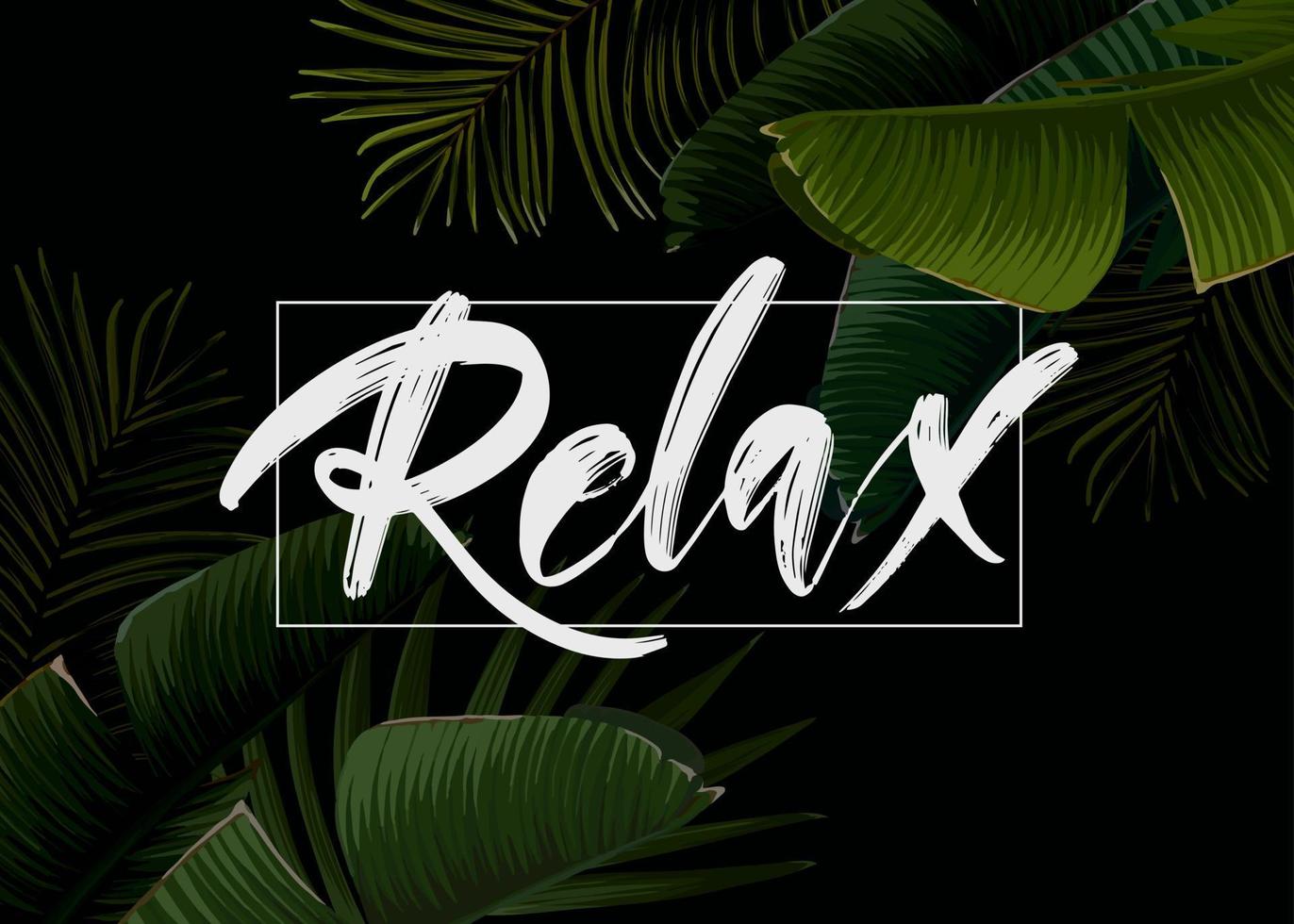 Dark tropical summer design with banana palm leaves, glowing frame and space for text. Vector flyer, banner or card template. Summer vector background.