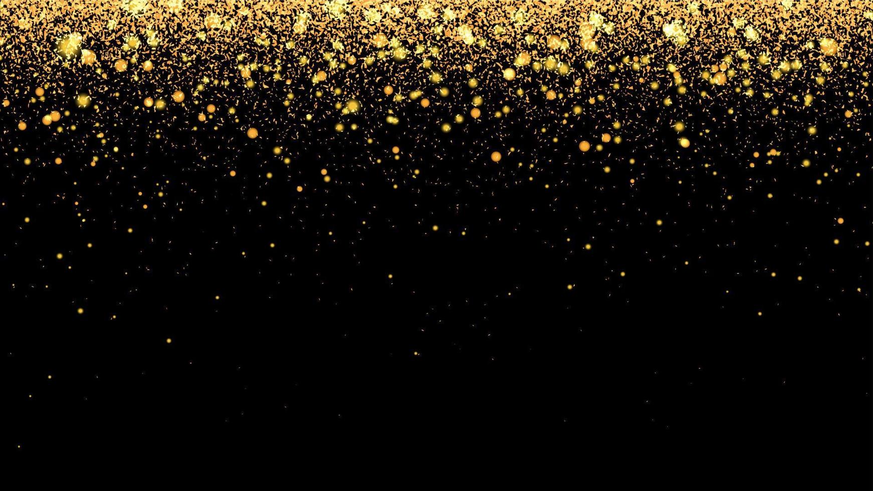 Festive vector background with gold glitter and confetti for christmas celebration. Black background with glowing golden particles.