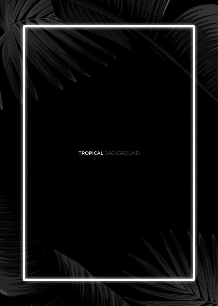 Dark monochrome tropical design with exotic banana leaves, soft neon frames and space for text. Vector summer template for poster, banner, card or flyer.
