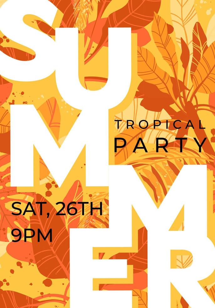 Bright orange vector summer design with exotic palm leaves and space for text. Party flyer or banner template. Tropical background illustration.