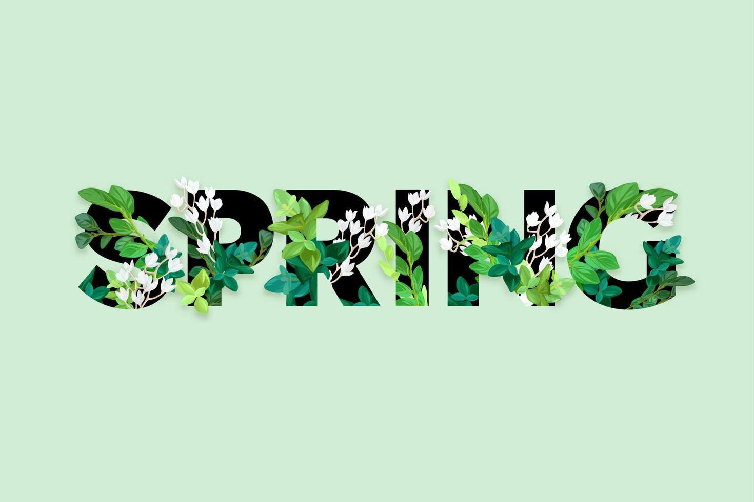 Spring floral eco design with white lily flowers, green leaves, succulent plants and integrated 3d typography. Vector template for poster, flyer, banner or card. Illustrated nature background.