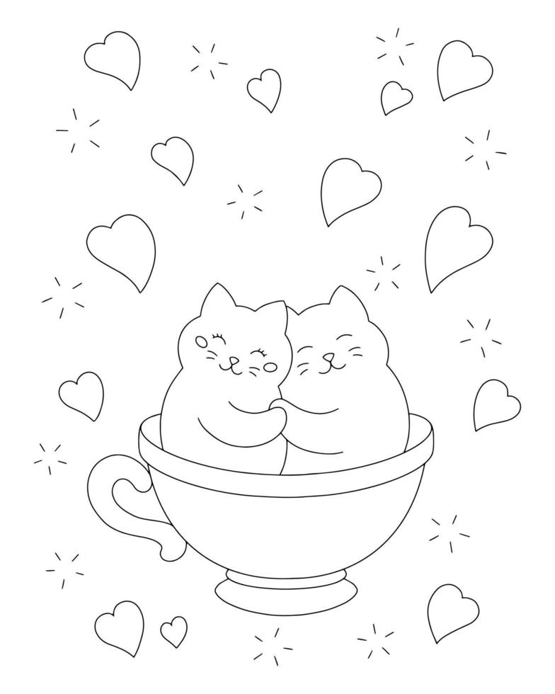 gatos enamorados en una taza. página de libro para colorear para niños. día de San Valentín. personaje de estilo de dibujos animados. ilustración vectorial aislado sobre fondo blanco. vector