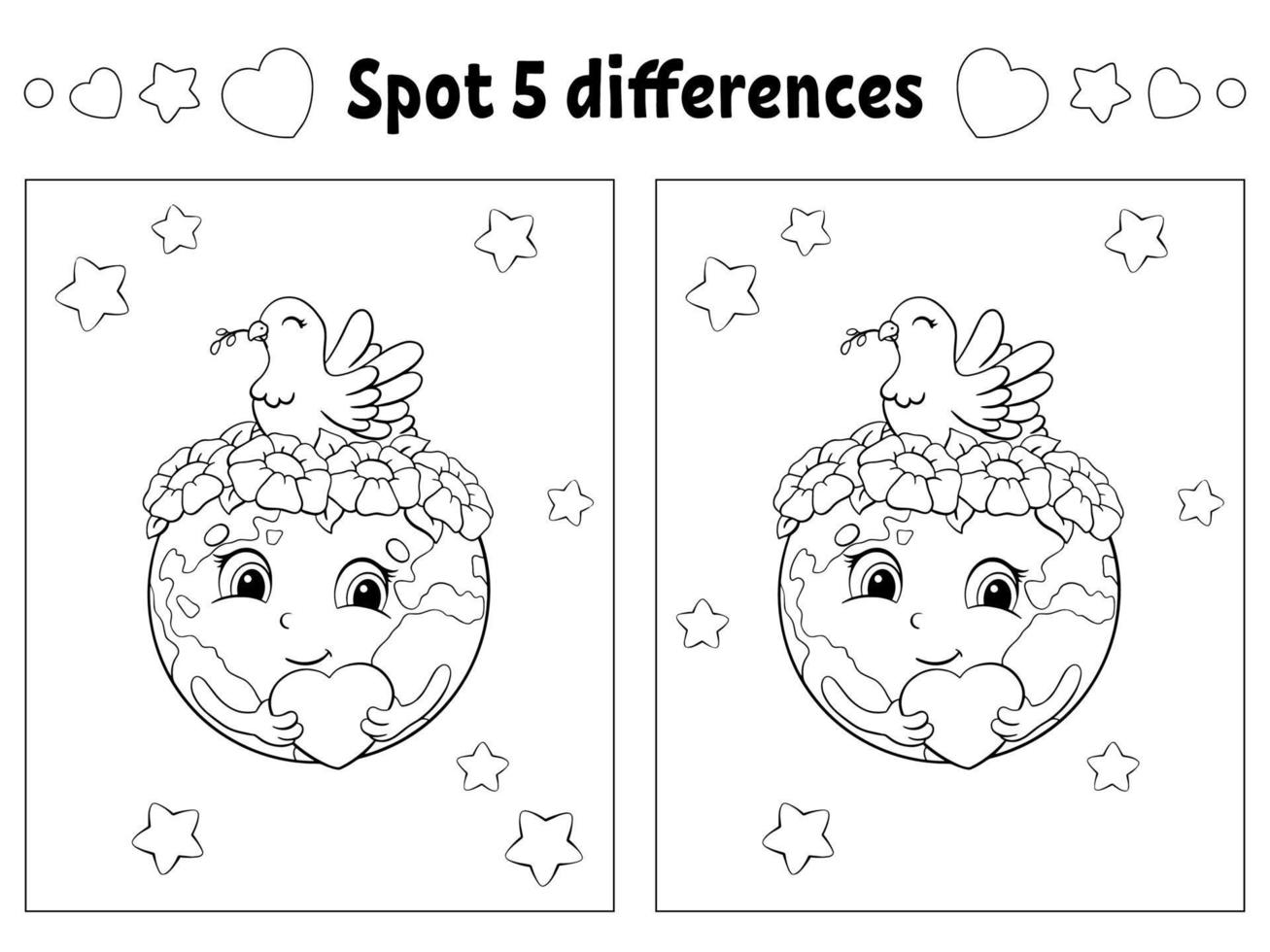 Find five differences. Coloring page for kids. Activity worksheet for children. Vector illustration isolated on white background.