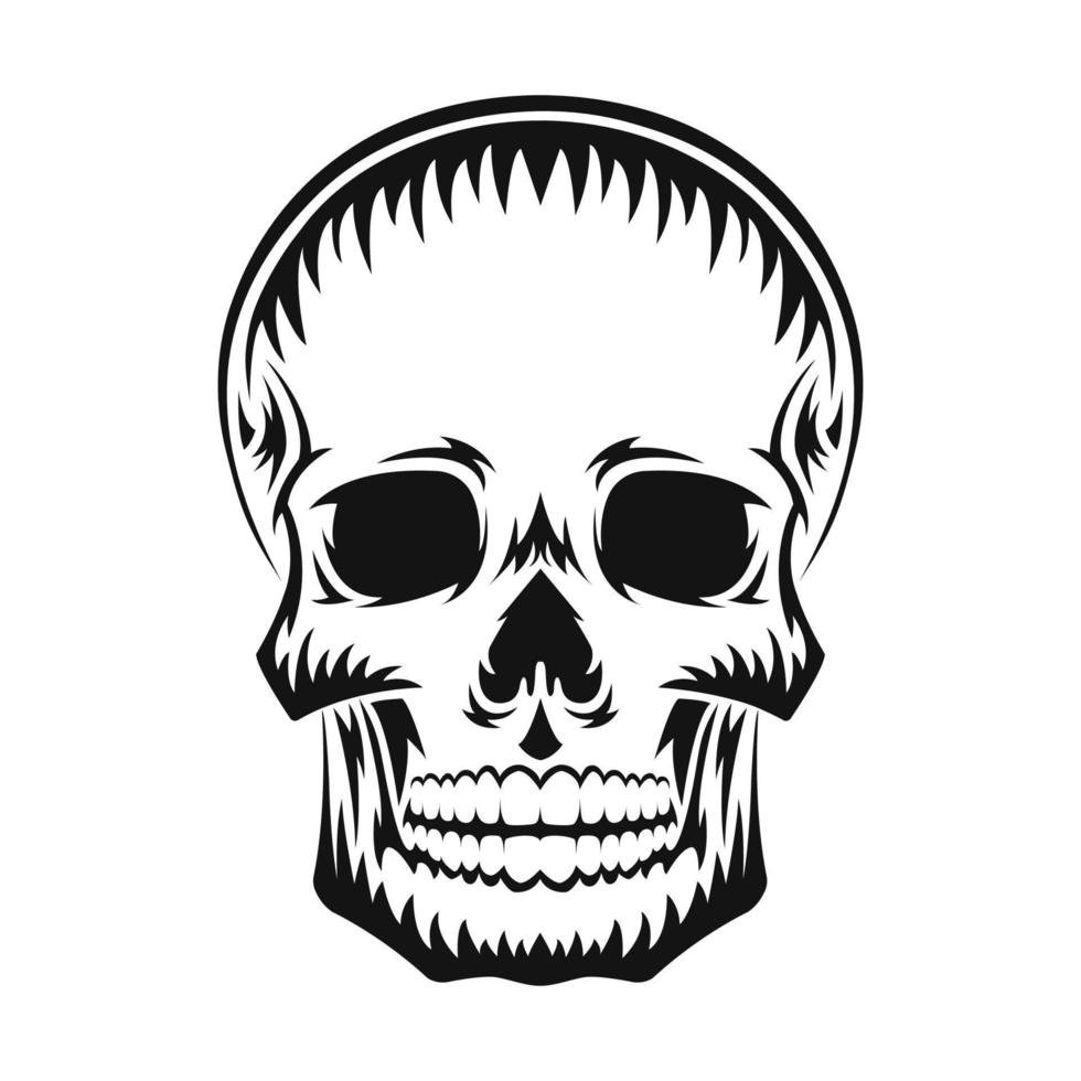 Human skull. Black silhouette. Design element. Hand drawn sketch. Vintage style. Vector illustration isolated on white background.