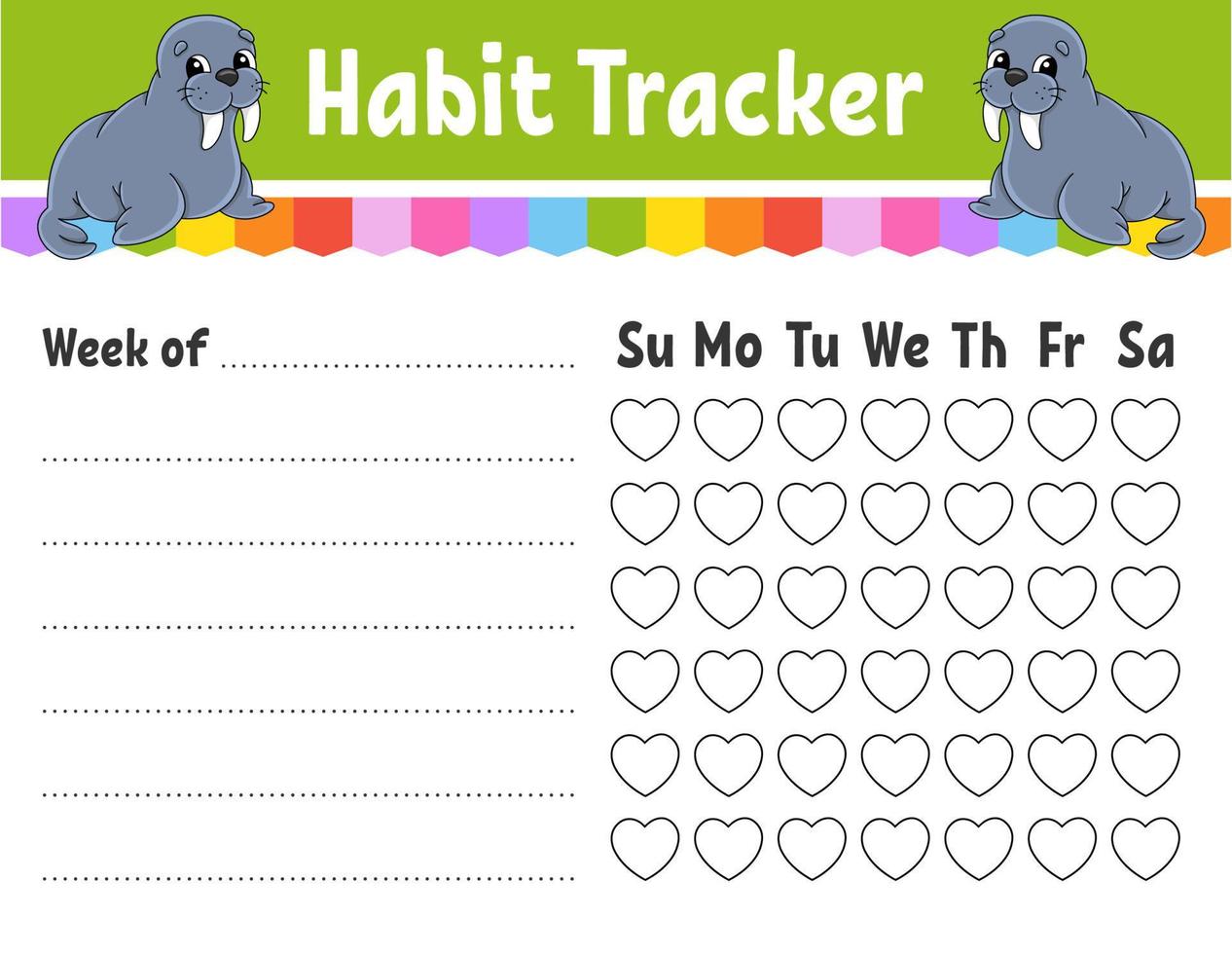 Habit tracker for kids. Sheet template for printing. With cute character. Vector illustration.