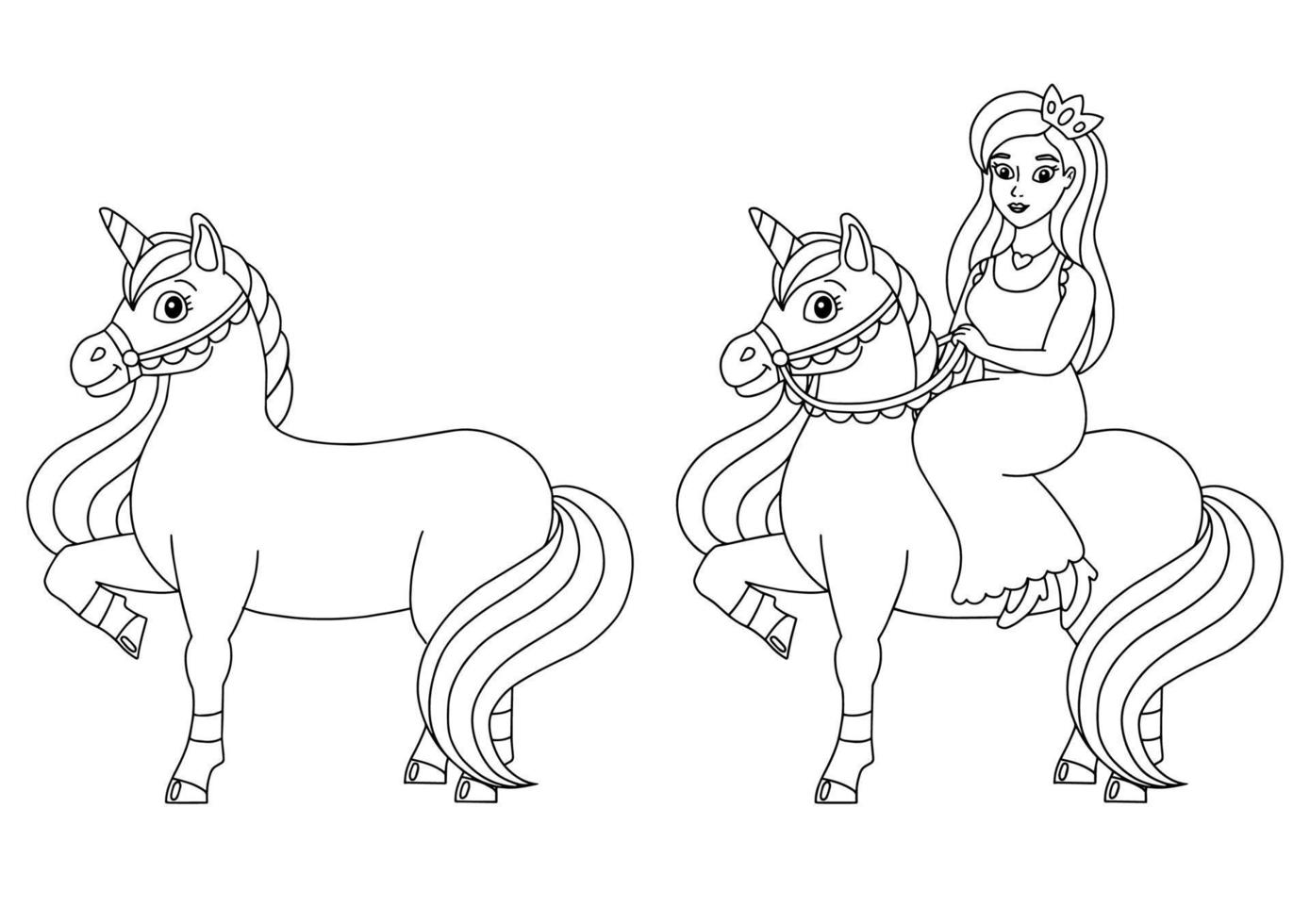The princess is riding a unicorn. Coloring book page for kids. Cartoon style character. Vector illustration isolated on white background.