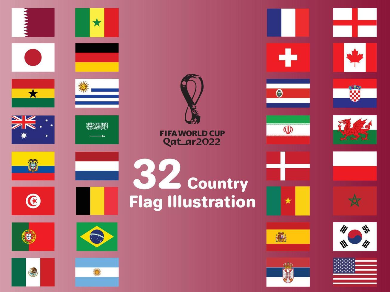 FIFA world cup 2022 -32 Groups all flag illustration set vector