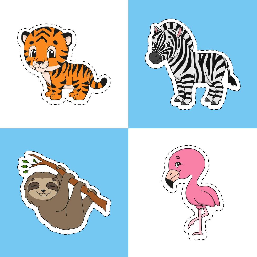 Set of bright color stickers for kids. Animal theme. Cute cartoon characters. Vector illustration isolated on color background.