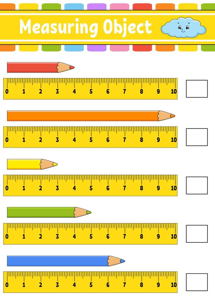 Measuring object with ruler. Education developing worksheet. Game for kids. Color activity page. Puzzle for children. Cute character. Vector illustration. cartoon style.