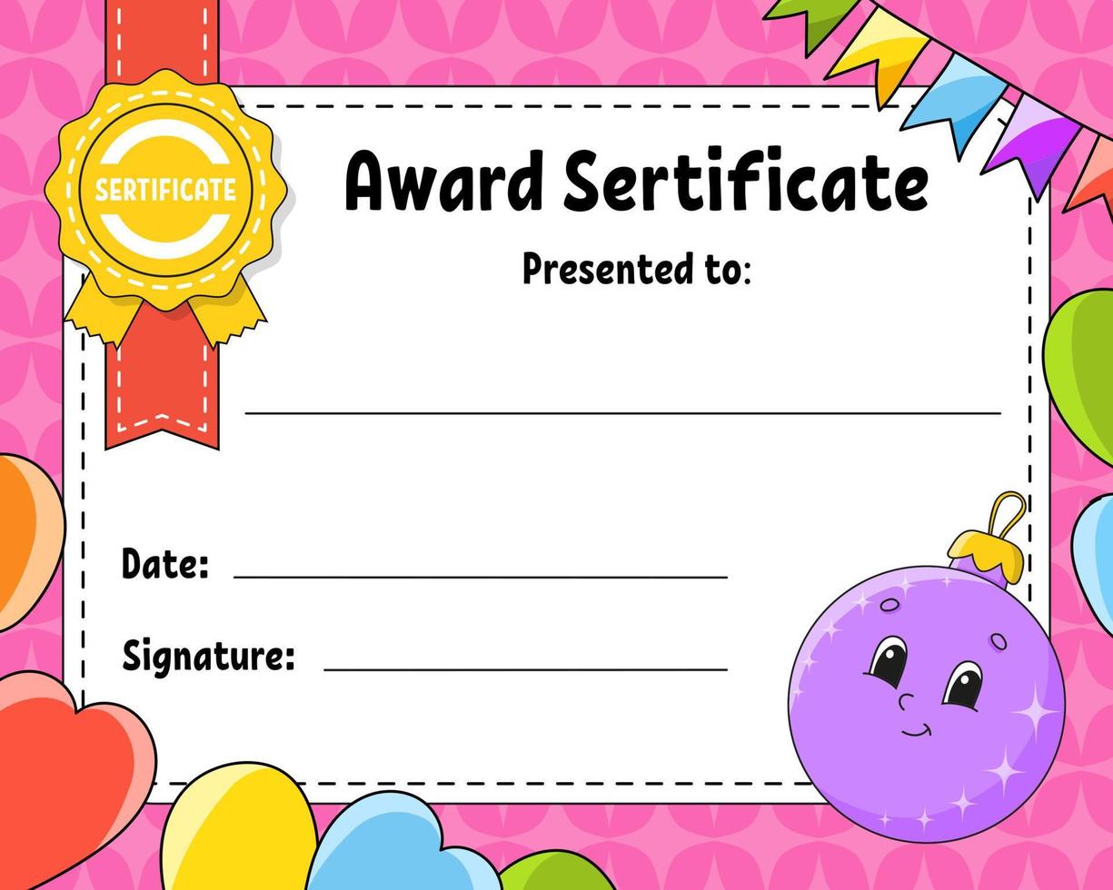 Award sertificate template. Colorful school and preschool diploma. For kids and children. Vector illustration.