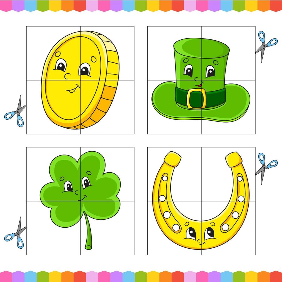 Cut and play. Paper game with glue. Flash cards. Education worksheet. Activity page. St. Patrick's Day. Isolated vector illustration. cartoon style.