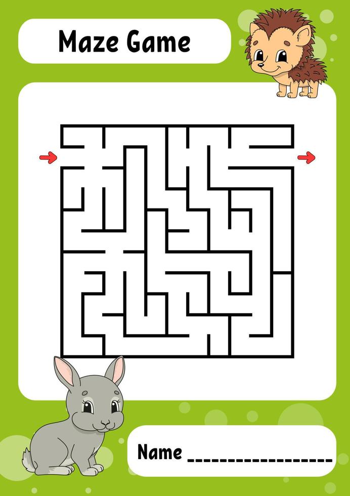 Square maze. Game for kids. Funny labyrinth. Education developing worksheet. Activity page. Puzzle for children. cartoon style. Riddle for preschool. Logical conundrum. Vector illustration.