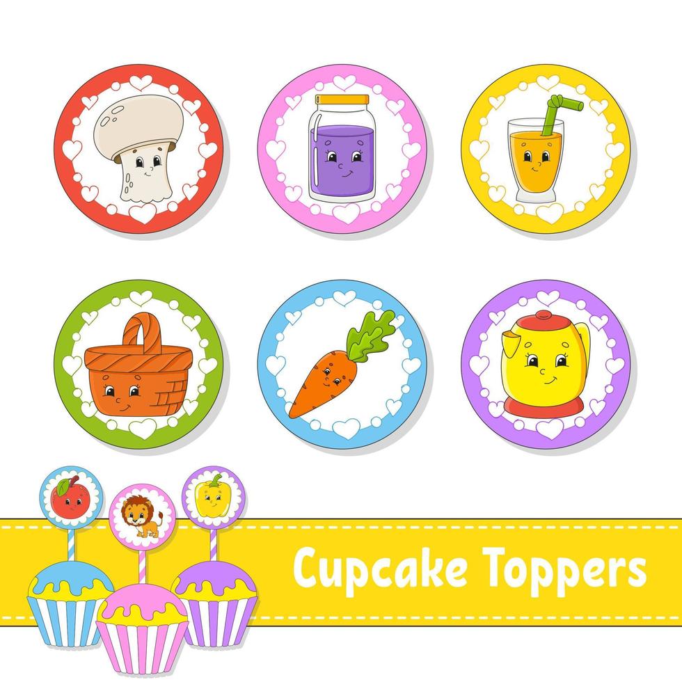 Cupcake Toppers. Set of six round pictures. cartoon characters. Cute image. For birthday, baby shower. Isolated on white background. Vector illustration.