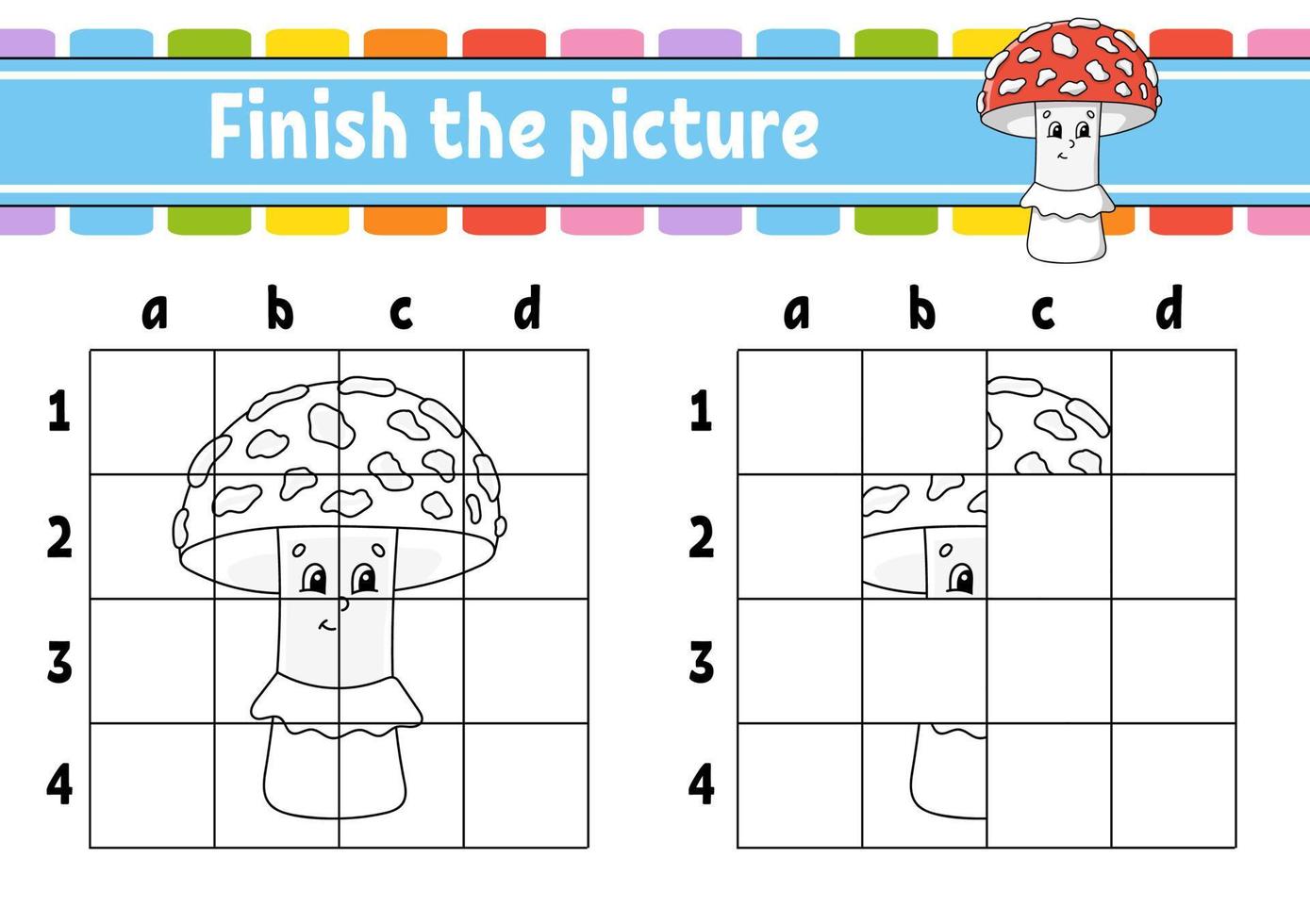 Finish the picture. Coloring book pages for kids. Education developing worksheet. Game for children. Handwriting practice. cartoon character. Vector illustration.