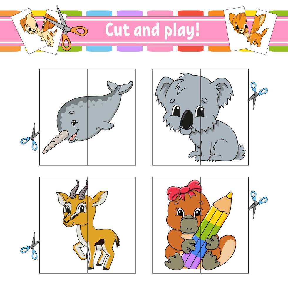 Cut and play. Flash cards. Color puzzle. Education developing worksheet. Activity page. Game for children. cartoon style. Funny character. Vector illustration.