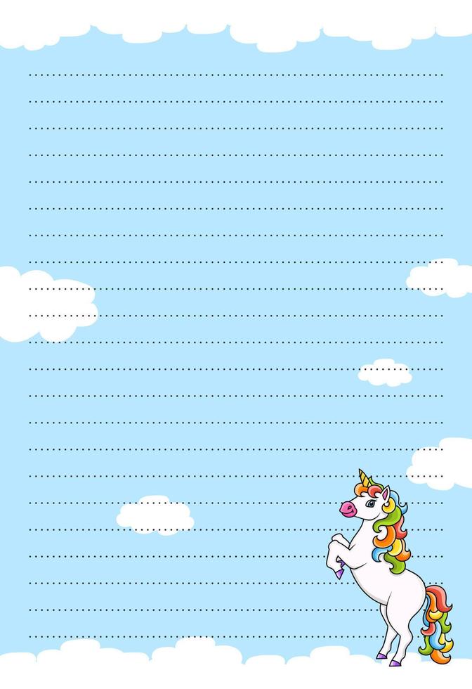 Colored sheet template for notes with unicorn. Paper page for journal, notebook, diary, letters, schedule, organizer. Cute cartoon character. Lined sheet. Vector illustration.