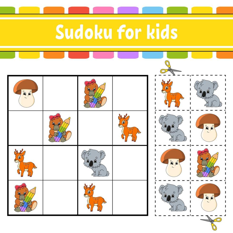 sudoku para niños. hoja de trabajo de desarrollo educativo. página de actividades con imágenes. juego de rompecabezas para niños. entrenamiento del pensamiento lógico. ilustración vectorial aislada. personaje divertido. estilo de dibujos animados. vector