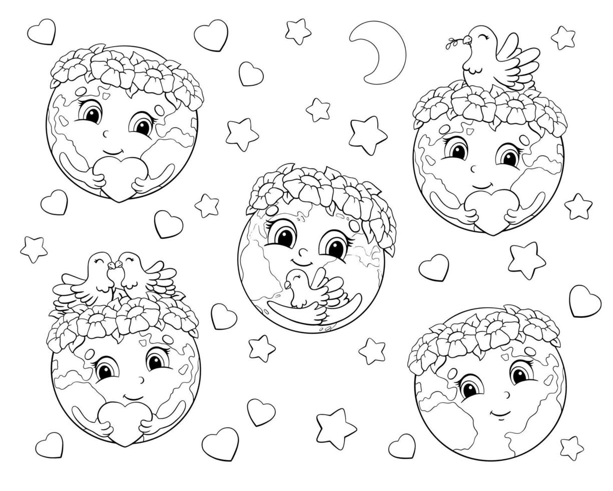 Set of cute planets for Earth Day. Coloring book page for kids. Cartoon style character. Vector illustration isolated on white background.