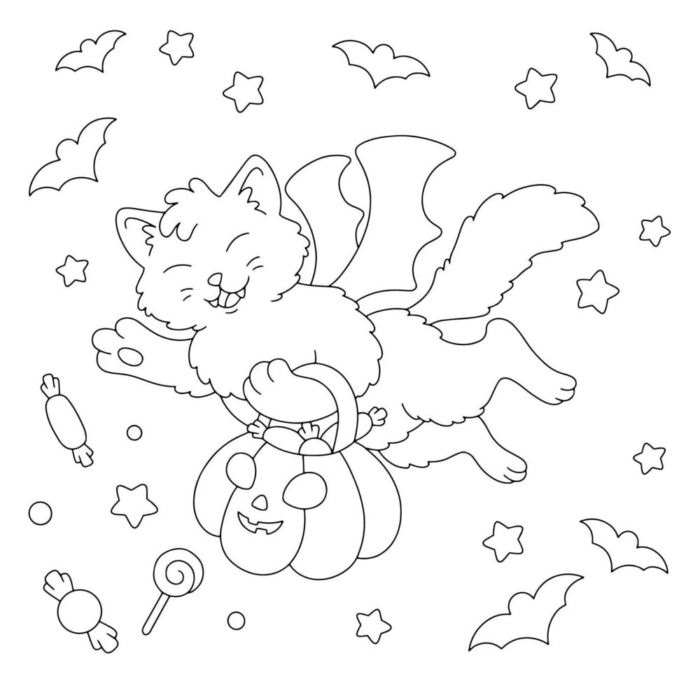 A cute cat carries a pumpkin with sweets in its paws. Halloween theme. Coloring book page for kids. Cartoon style character. Vector illustration isolated on white background.