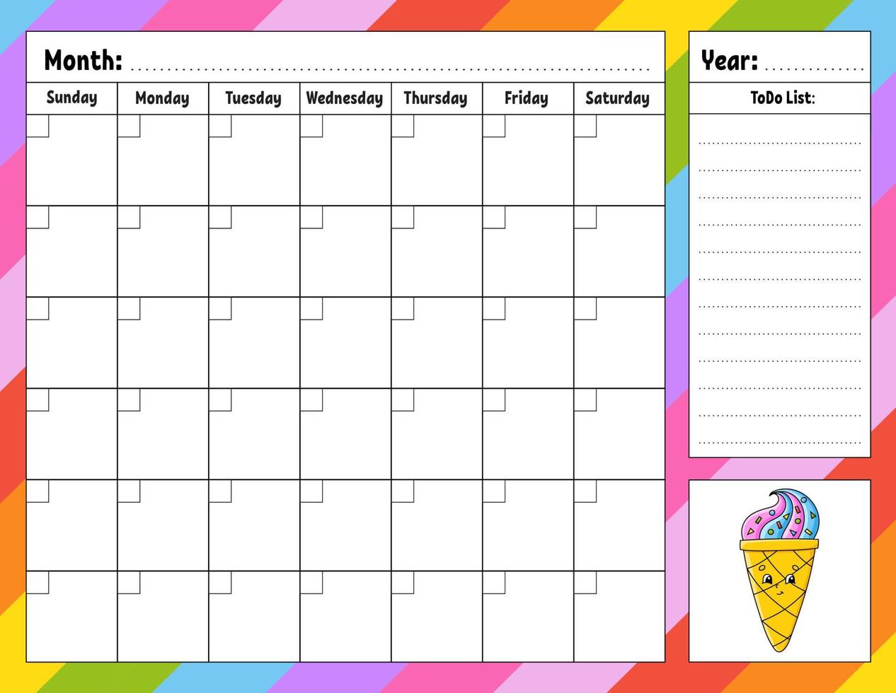 Weekly planner. Bright colorful blank printable template. Birthday theme. Vector illustration.