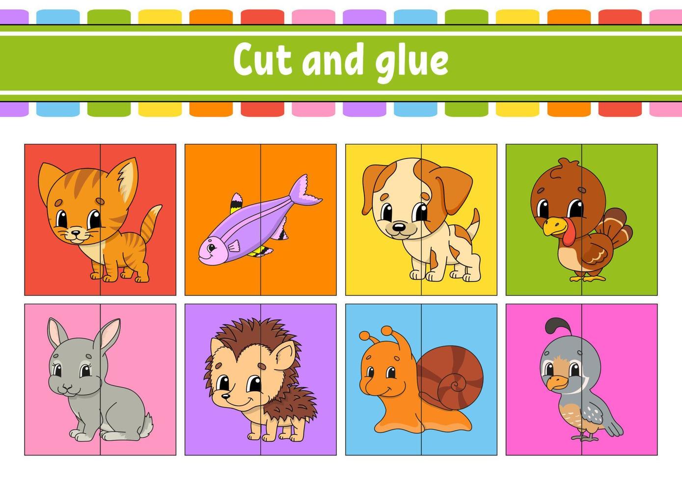 Cut and play. Paper game with glue. Flash cards. Education worksheet. Activity page. Funny character. Isolated vector illustration. cartoon style.