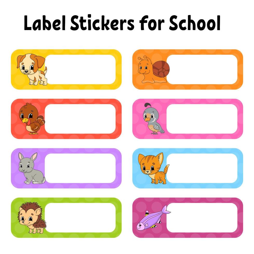 Bright stickers. School name label. Rectangular label. Color vector isolated illustration.
