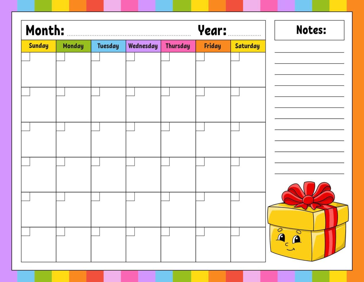 Blank calendar template for one month without dates. Colorful design with a cute character. Vector illustration.