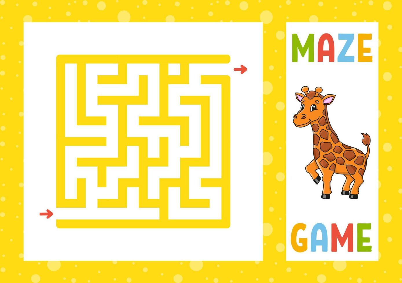 Square maze. Game for kids. Puzzle for children. Happy character. Labyrinth conundrum. Color vector illustration. Find the right path. With answer. Isolated vector illustration. Coon style.