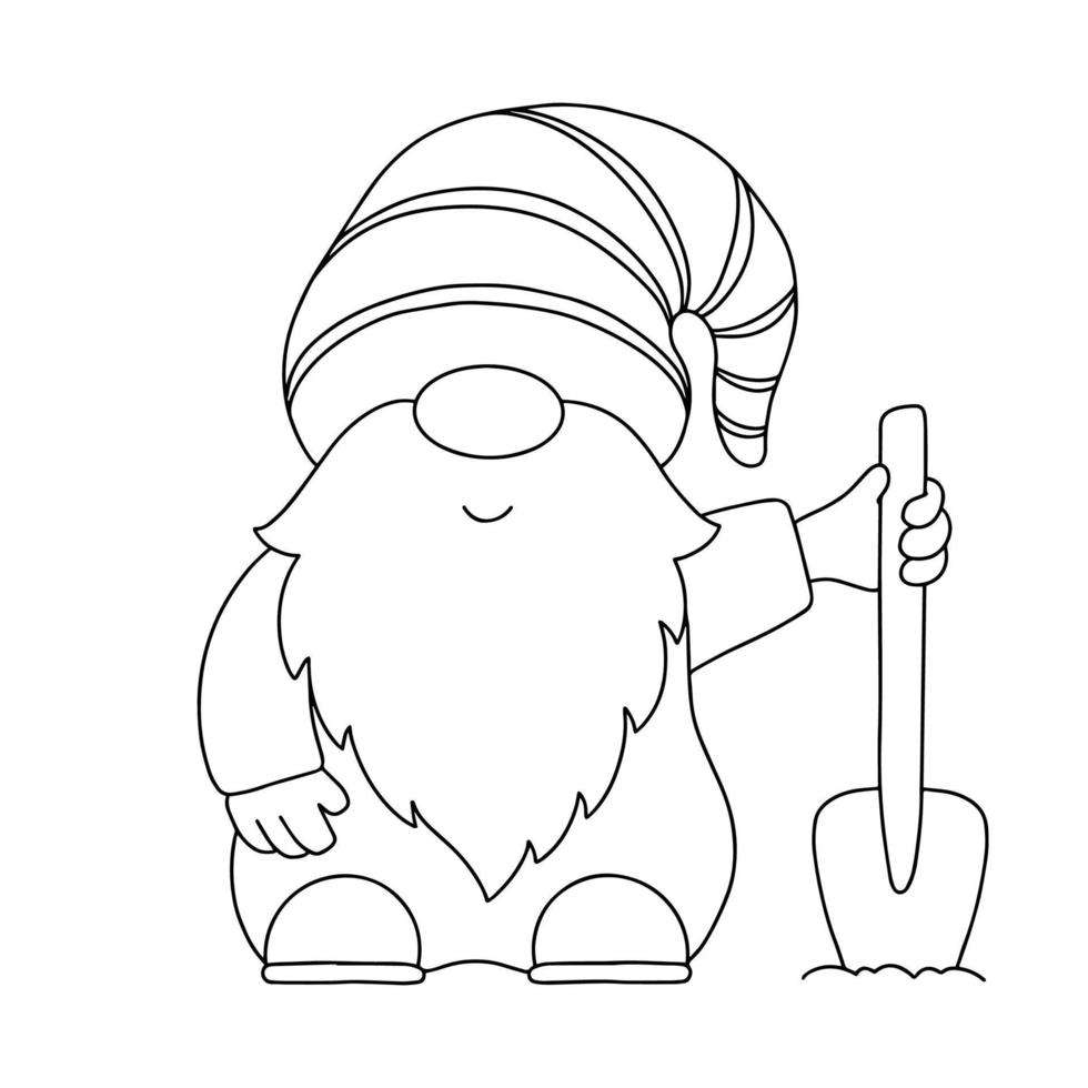 Dwarf with a shovel. Coloring book page for kids. Cartoon style character. Vector illustration isolated on white background.