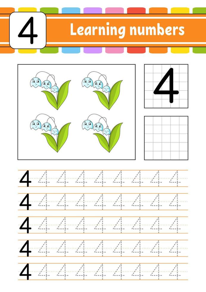 Trace and write numbers. Handwriting practice. Learning numbers for kids. Education developing worksheet. Activity page. Vector illustration.