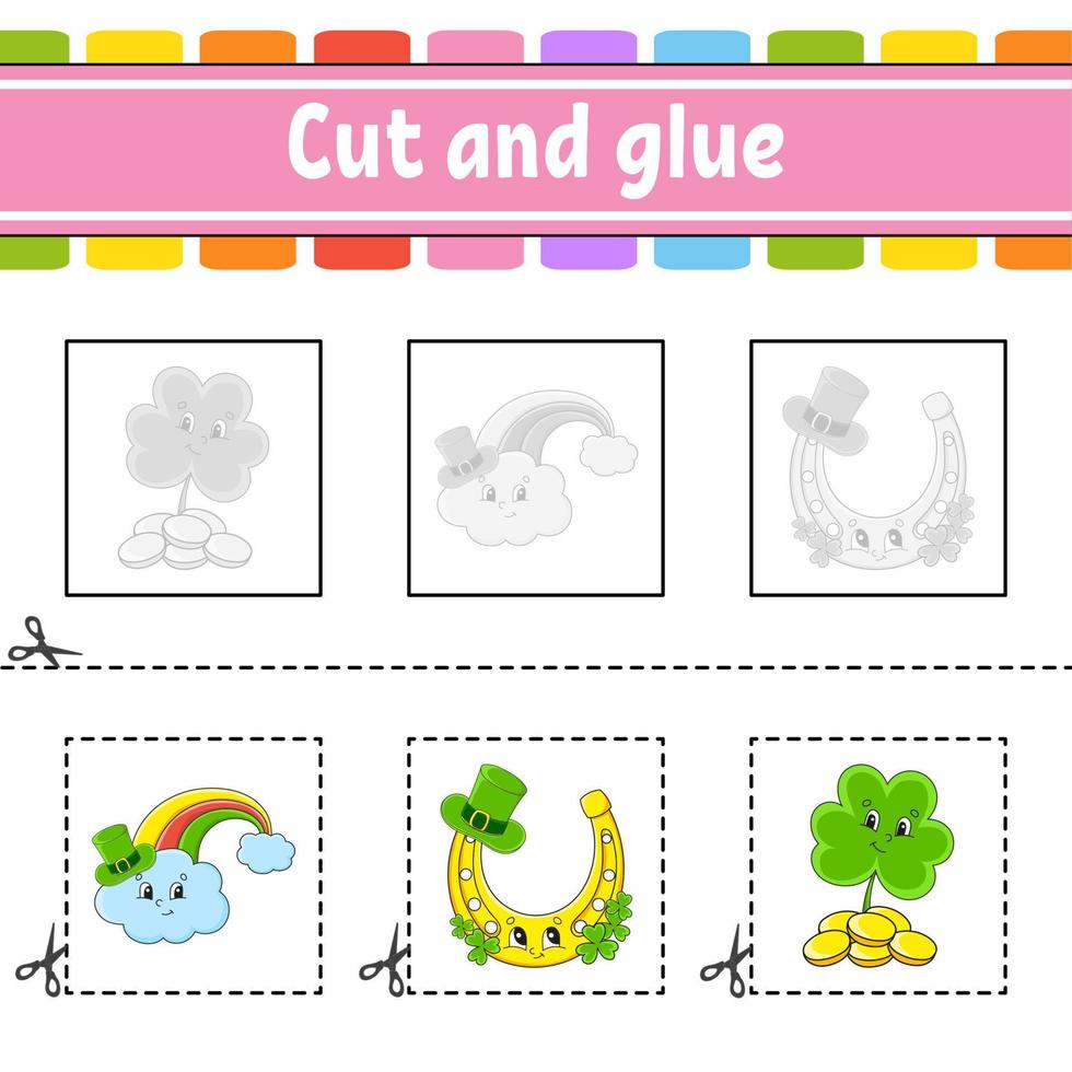 Cut and glue. Game for kids. Education developing worksheet. Color activity page. cartoon character. St. Patrick's day. vector