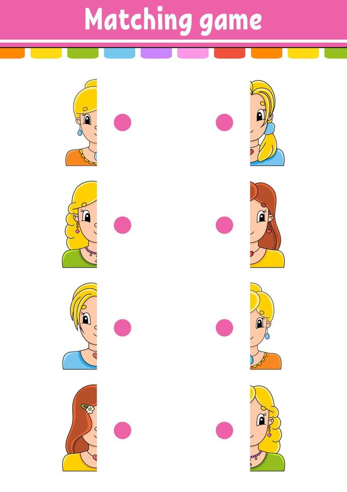 Matching game. Draw a line. Education developing worksheet. Activity page with color pictures. Riddle for children. Isolated vector illustration. Cute character. Cartoon style.
