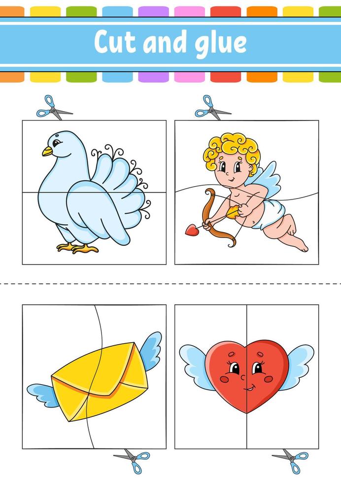 Cut and play. Paper game with glue. Flash cards. Education worksheet. Activity page. Funny character. Isolated vector illustration. cartoon style. Valentine's Day