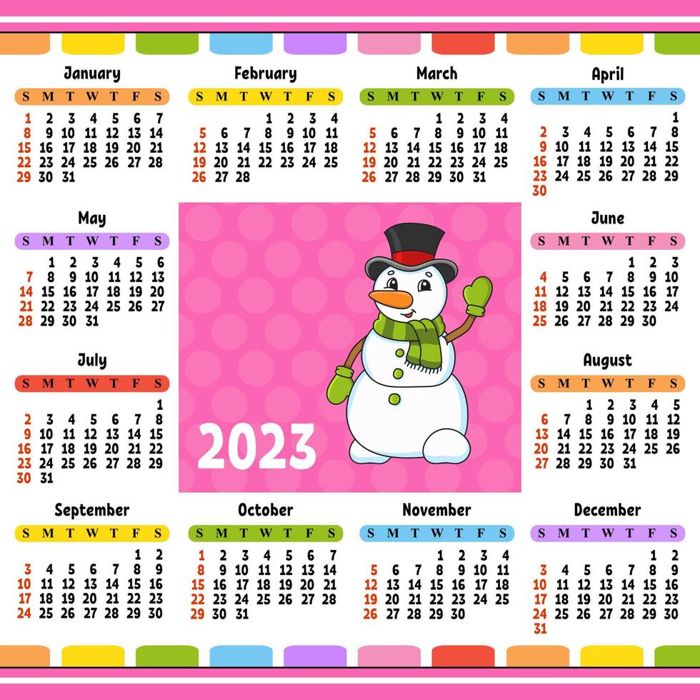 calendario para 2023 con un lindo personaje. diseño divertido y brillante. estilo de dibujos animados ilustración vectorial vector