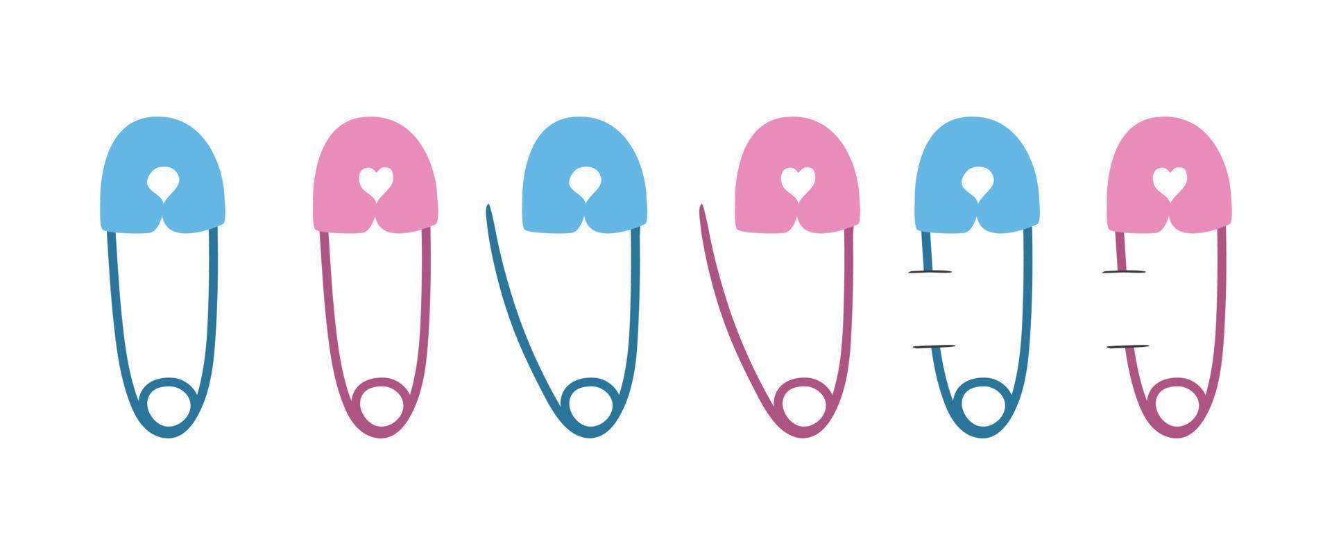 Set of blue and pink safety pins clipart. Close, open and pinned safety pin flat vector illustration. Diaper pins cartoon style icon. Kids, baby shower, newborn and nursery decoration concept