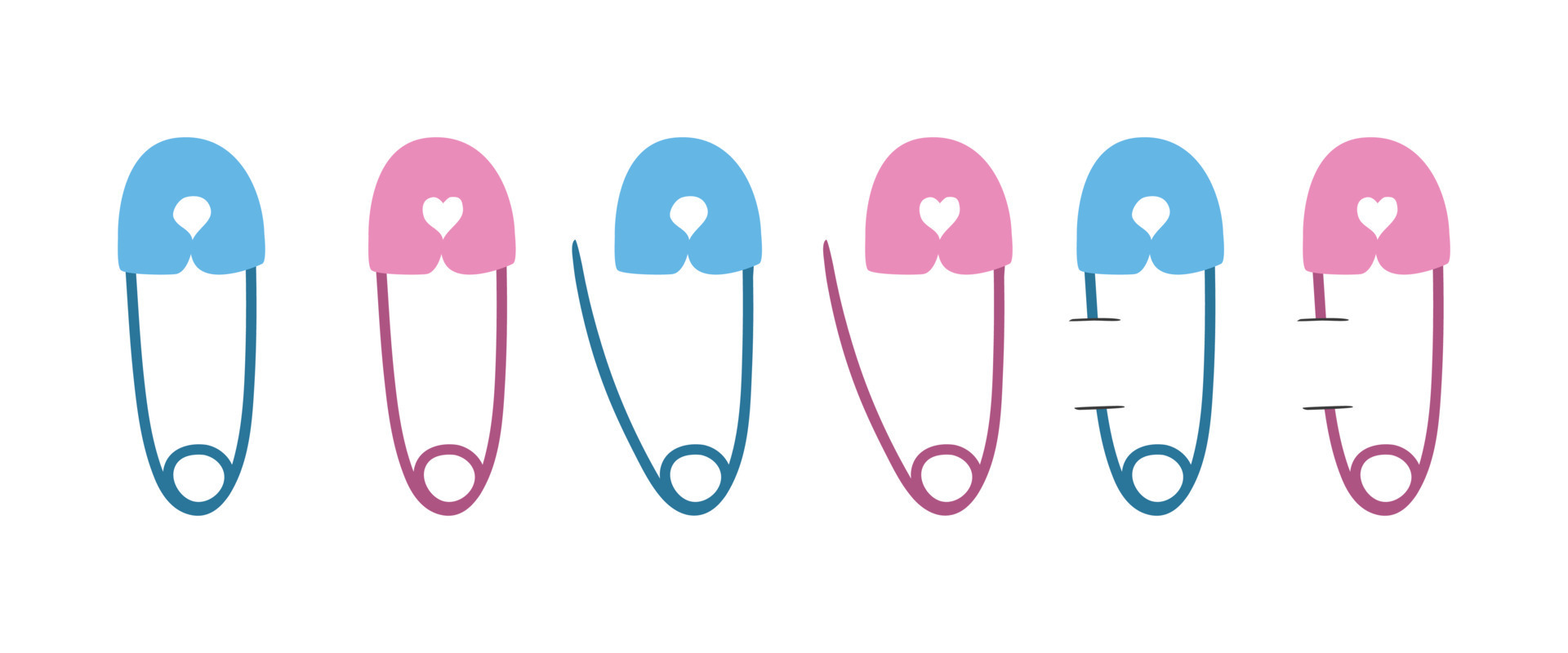 Set of blue and pink safety pins clipart. Close, open and pinned safety