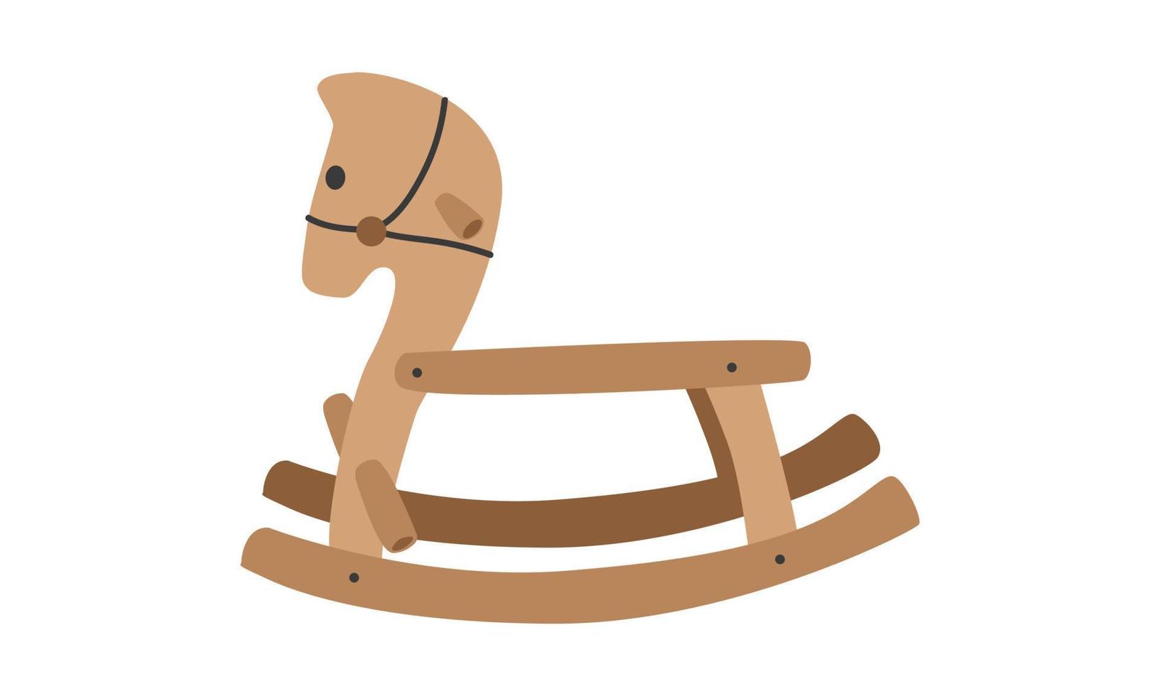 Children wooden rocking horse clipart. Cute brown rocking horse for baby, kids, children flat vector illustration. Wood horse rocking chair cartoon style icon. Kids, baby shower, children toys concept