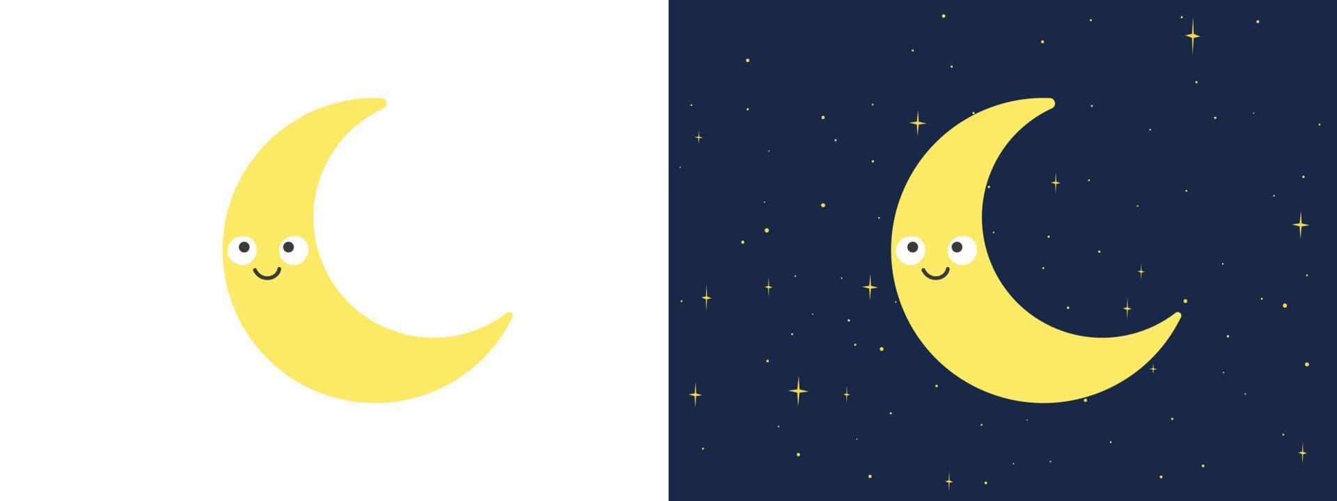 luna creciente con cara kawaii clipart. simple lindo amarillo sonriente luna creciente ilustración vectorial plana. personaje de dibujos animados feliz luna creciente dibujo estilo vector diseño. baby shower, decoración de guardería