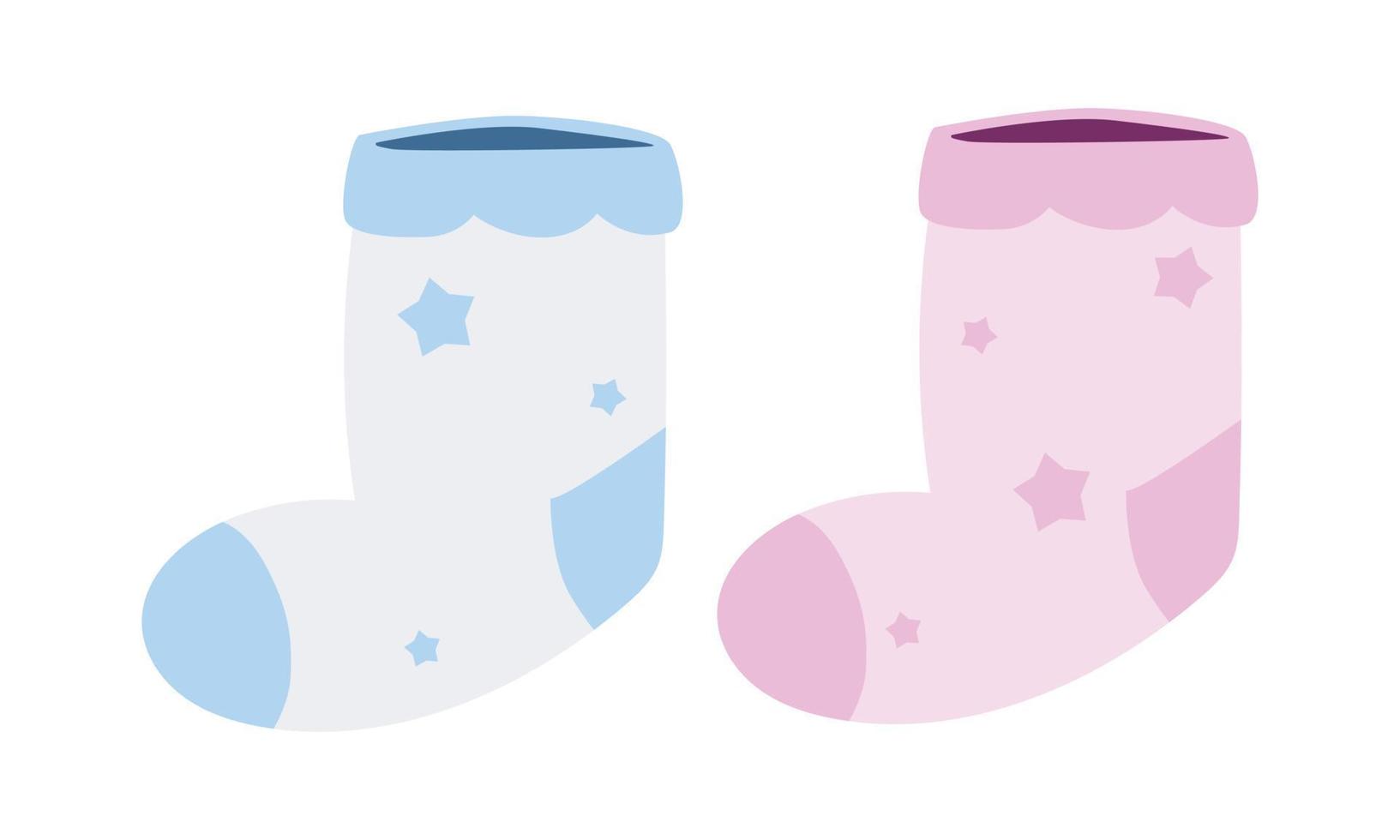 Set of blue and pink baby socks clipart. Simple cute newborn baby sock flat vector illustration. Toddler sock for baby shower or birthday party invitation cartoon style icon. Twins arrival concept