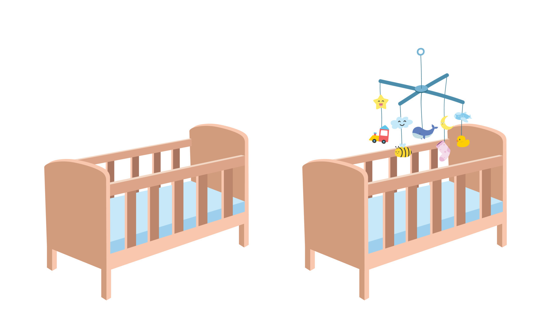 Wooden baby crib clipart. Simple cute crib with baby mobile hanging toy flat vector illustration. Baby crib cradle bed children bedroom cartoon hand drawn style. Kids, baby shower, nursery decoration 13740529 Vector Wooden baby crib clipart. Simple cute crib with baby mobile hanging toy flat vector illustration. Baby crib cradle bed children bedroom cartoon hand drawn style. Kids, baby shower, nursery decoration 13740529 Vector