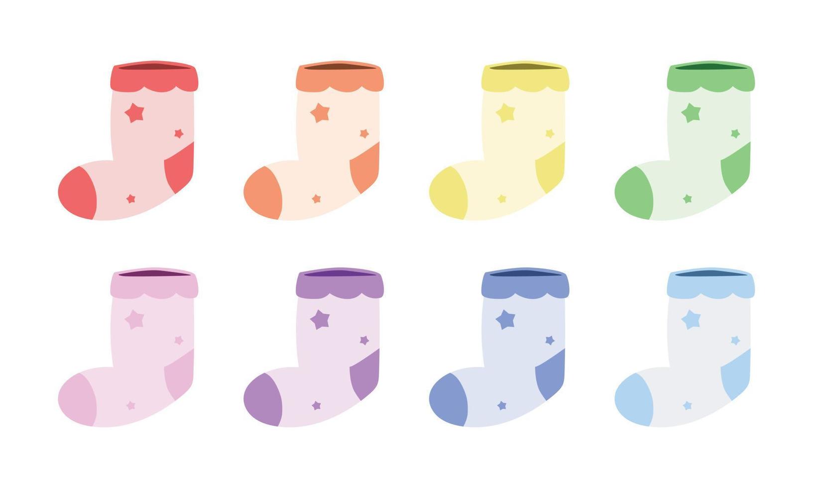 conjunto de coloridos calcetines de bebé clipart. ilustración de vector plano de calcetín de bebé recién nacido lindo simple. algodón, calcetín de lana para niños pequeños para la ducha de bebé o la invitación a la fiesta de cumpleaños, icono de estilo de dibujos animados de tarjetas de felicitación