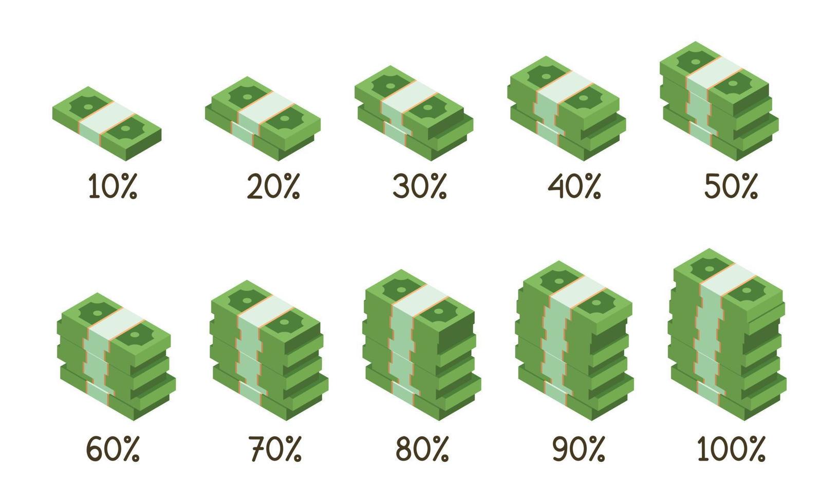 Set of isometric money stack for modern percentage infographics clipart vector design. Simple diagrams in the shape of dollar banknote piles paper bill flat icon cartoon. From 10 to 100 percent