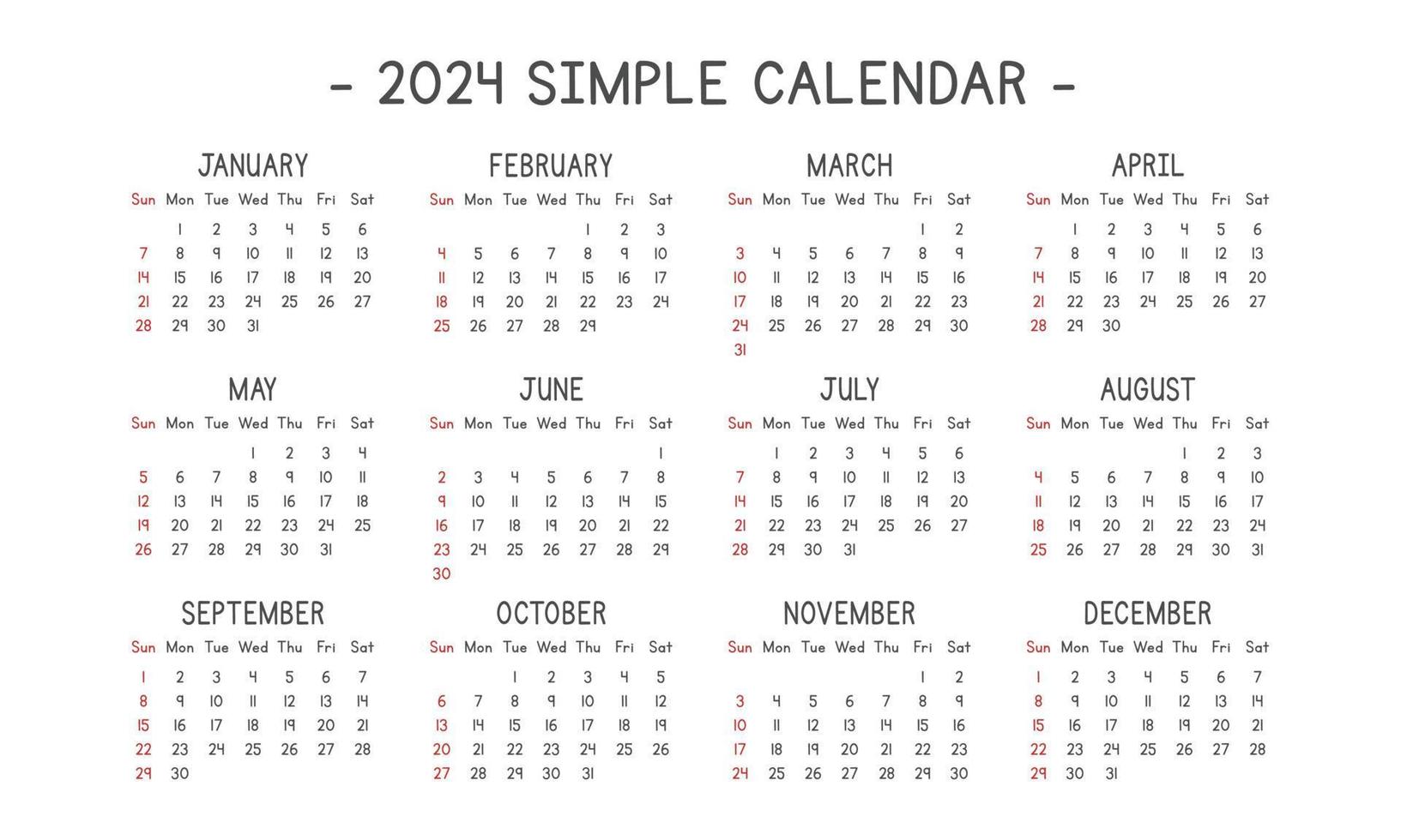 2024 calendar in simple style vector illustration. Simple classic